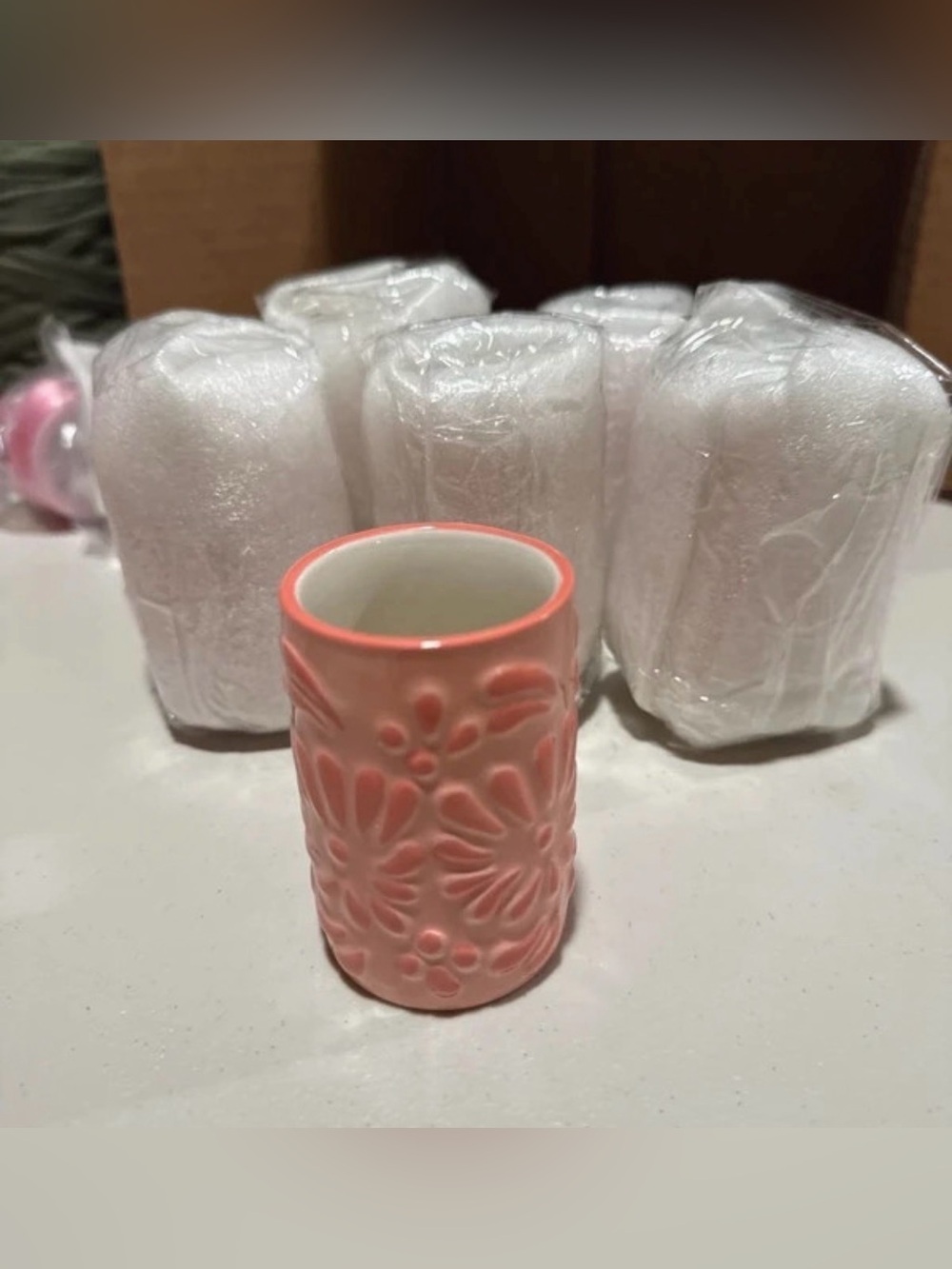 Pink Floral Embossed Ceramic Shot Glass - Unbranded